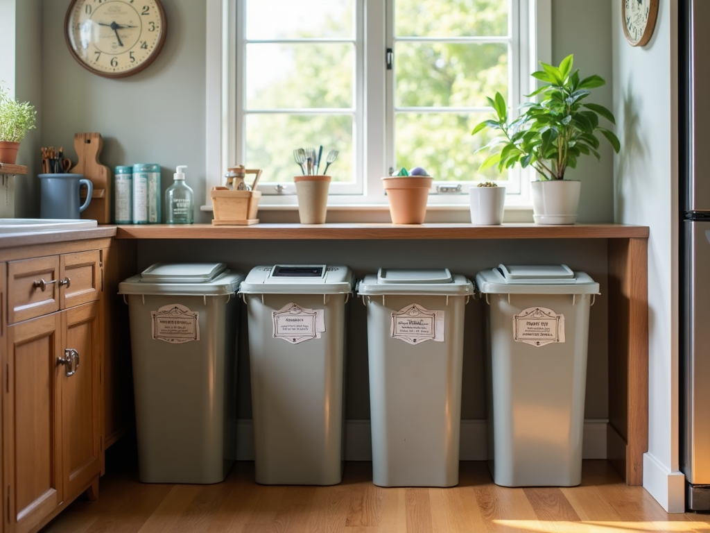 Recycling-Station in der Küche mit sortierten Behältern