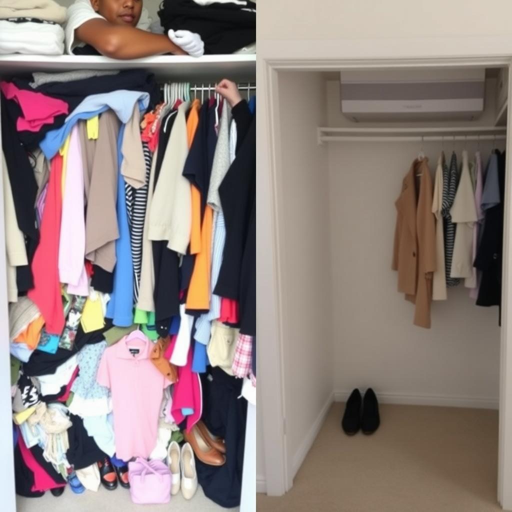 Vergleich zwischen einem überfüllten und einem minimalistischen Kleiderschrank.
