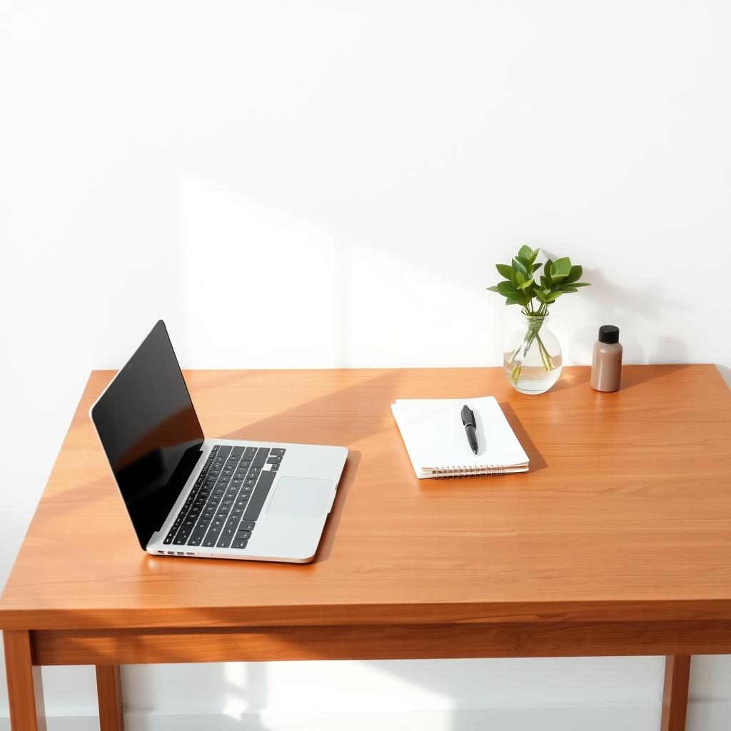 Ein aufgeräumter minimalistischer Schreibtisch mit Laptop, Notizbuch, Stift und einer kleinen grünen Pflanze vor einer weißen Wand.
