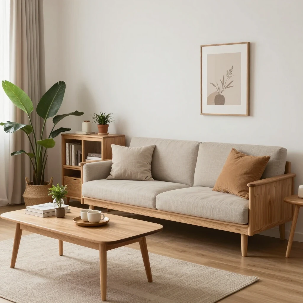 Gemütliches, minimalistisches Wohnzimmer mit natürlichen Materialien und viel Pflanzen