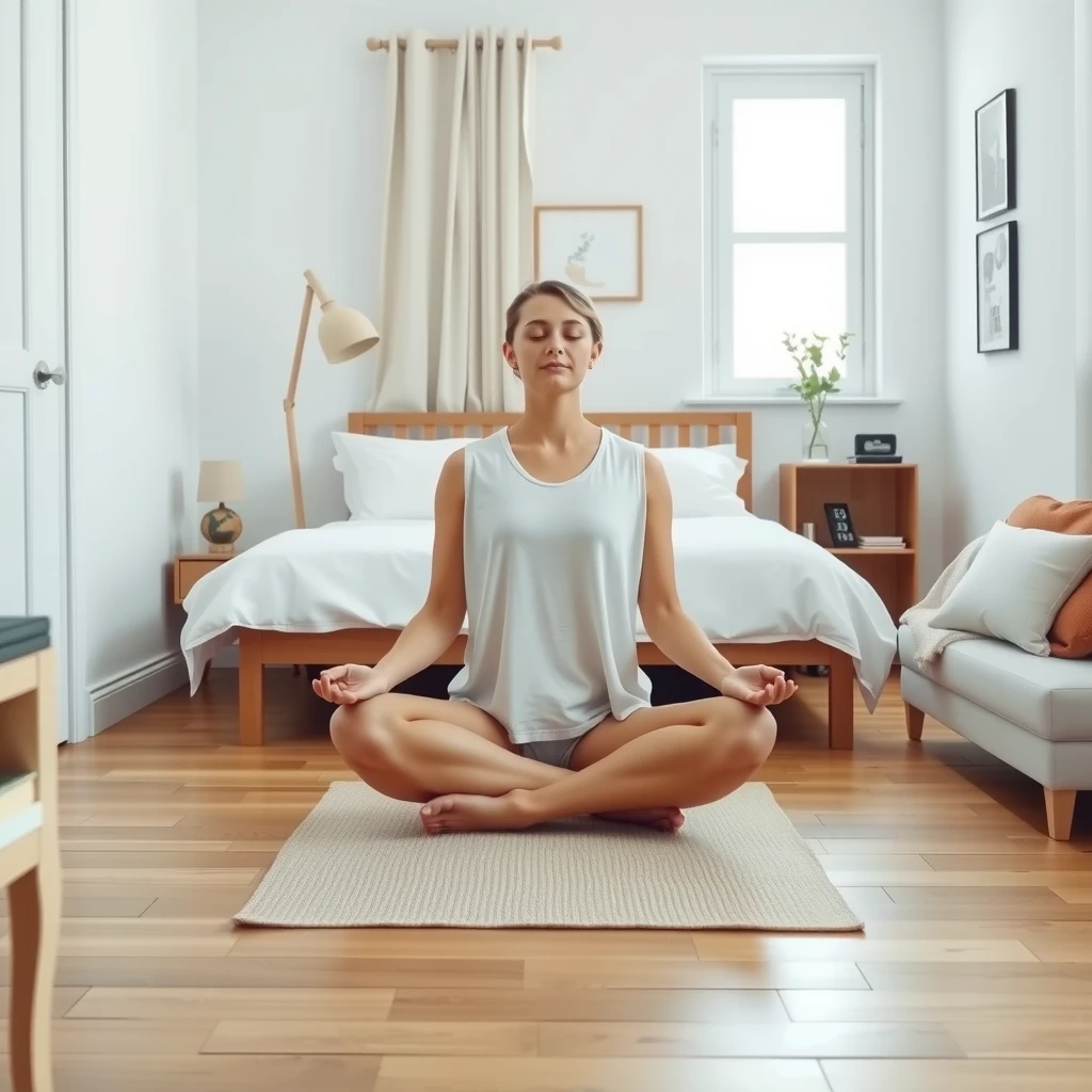 Ruhige Person meditiert in einem aufgeräumten, minimalistischen Schlafzimmer – Symbol für innere Ruhe durch Minimalismus