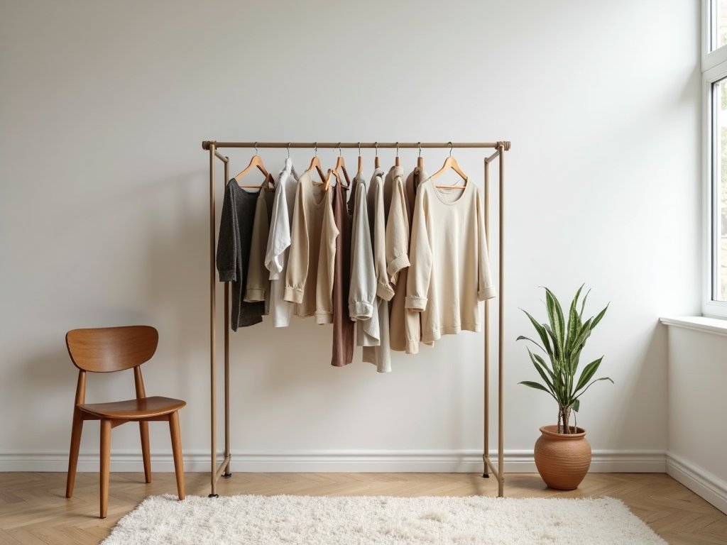 Ein minimalistisches Schlafzimmer mit einem kleinen Kleiderständer in neutralen Tönen und einer ruhigen Atmosphäre.