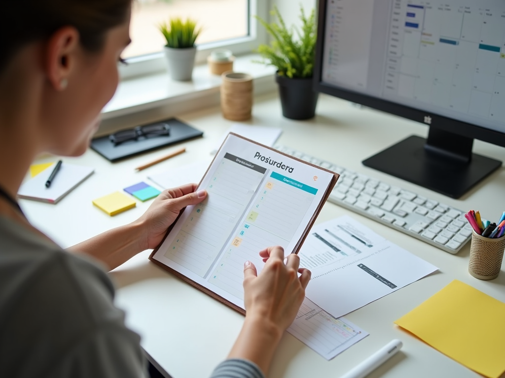 Person organisiert Arbeitsplatz mit Planer und Kalender