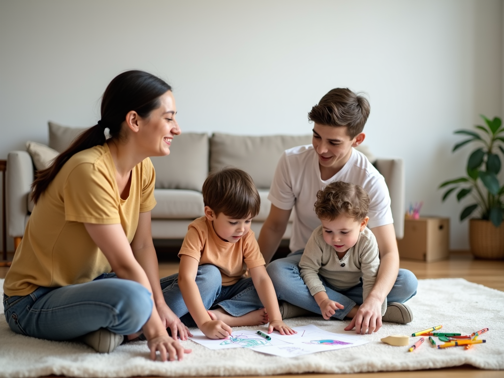 Familie beim gemeinsamen Malen in einem minimalistischen Wohnzimmer