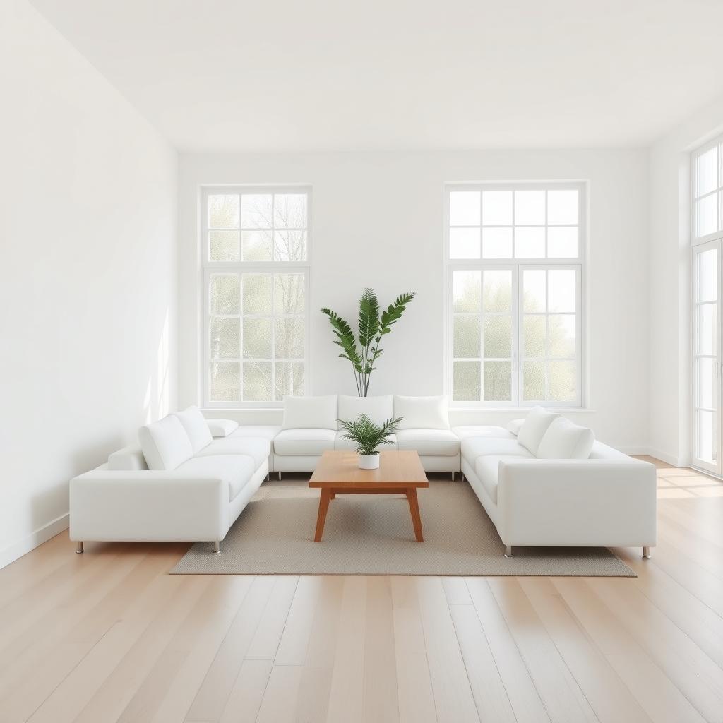 Ein minimalistisches Wohnzimmer mit weißer Couch, kleinem Holztisch und einer Zimmerpflanze, beleuchtet durch große Fenster.