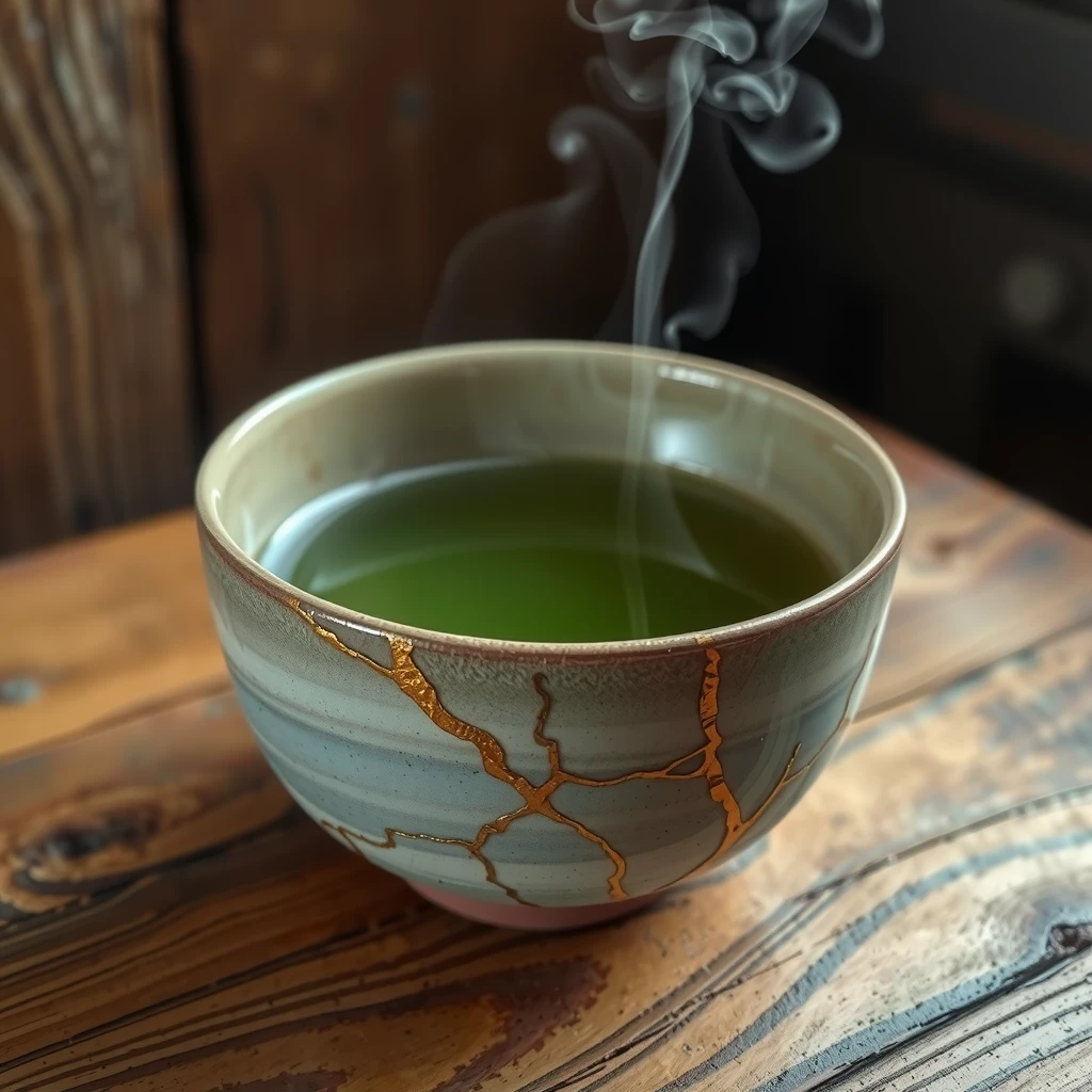 Eine Kintsugi-Teeschale mit goldenen Rissen, Symbol der Wabi-Sabi-Philosophie