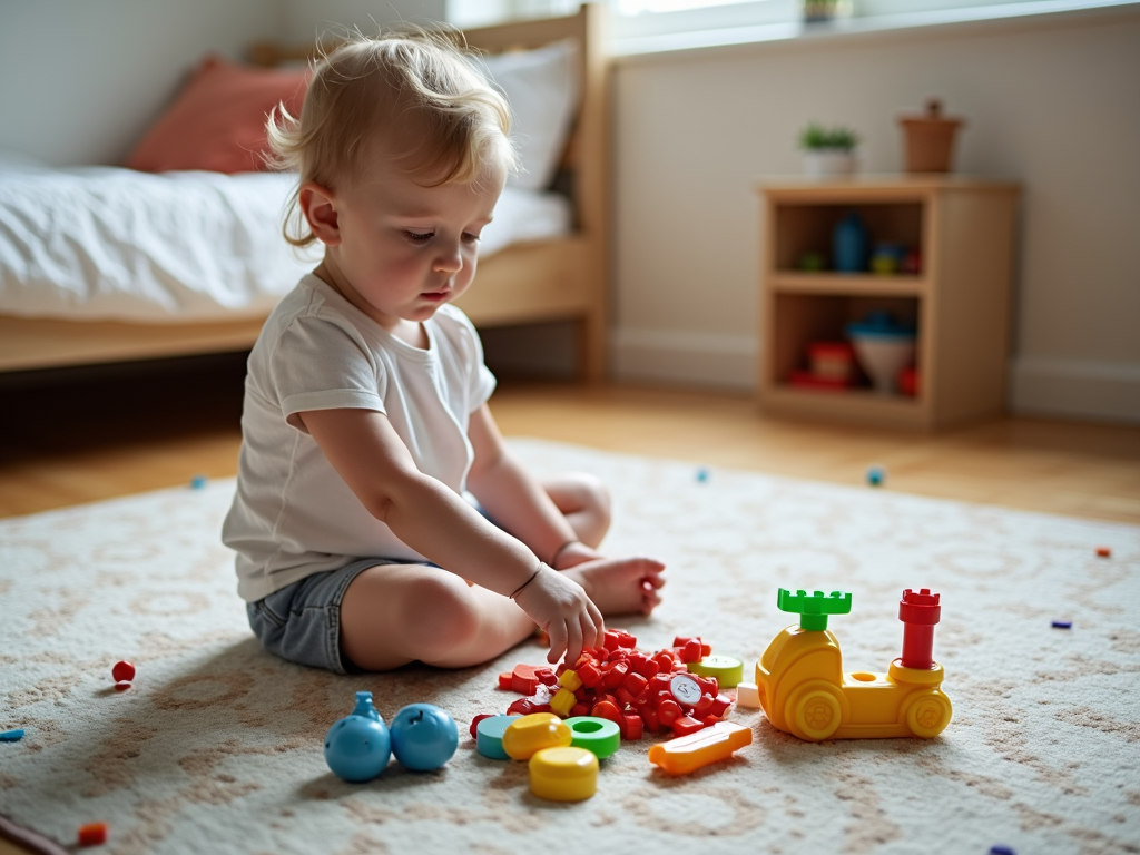 Ein Kind sortiert Spielzeug in einem aufgeräumten, minimalistischen Zimmer.
