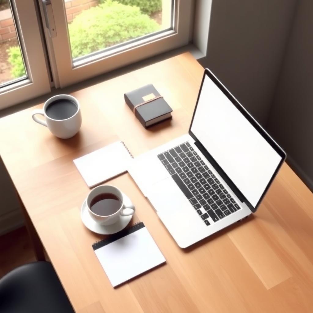 Ein minimalistischer Schreibtisch mit einem Laptop, einem Notizbuch und einer Tasse Kaffee, neben einem Fenster mit Blick auf Grün.