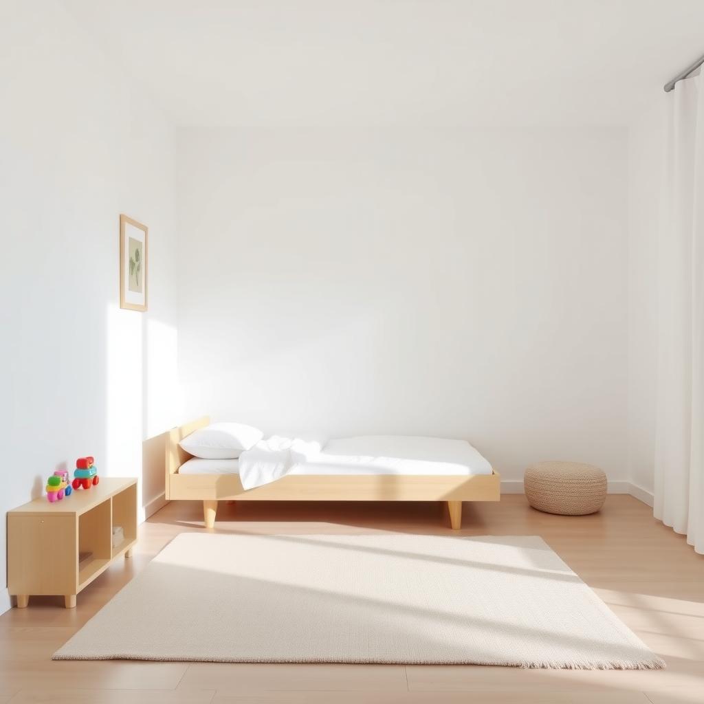 Ein helles, minimalistisches Kinderzimmer mit einem niedrigen Holzbett, einem Regal mit wenigen bunten Spielsachen, einem neutralen Teppich und einem Kunstwerk an der Wand.