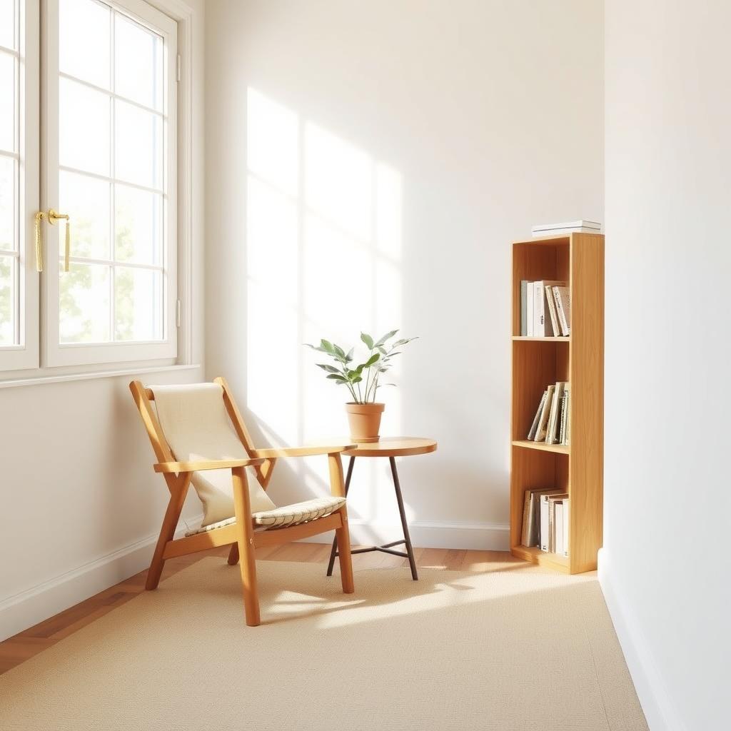 Ein minimalistischer Wohnraum mit einem Holzstuhl, einem kleinen Tisch mit einer Topfpflanze und einem ordentlichen Bücherregal.