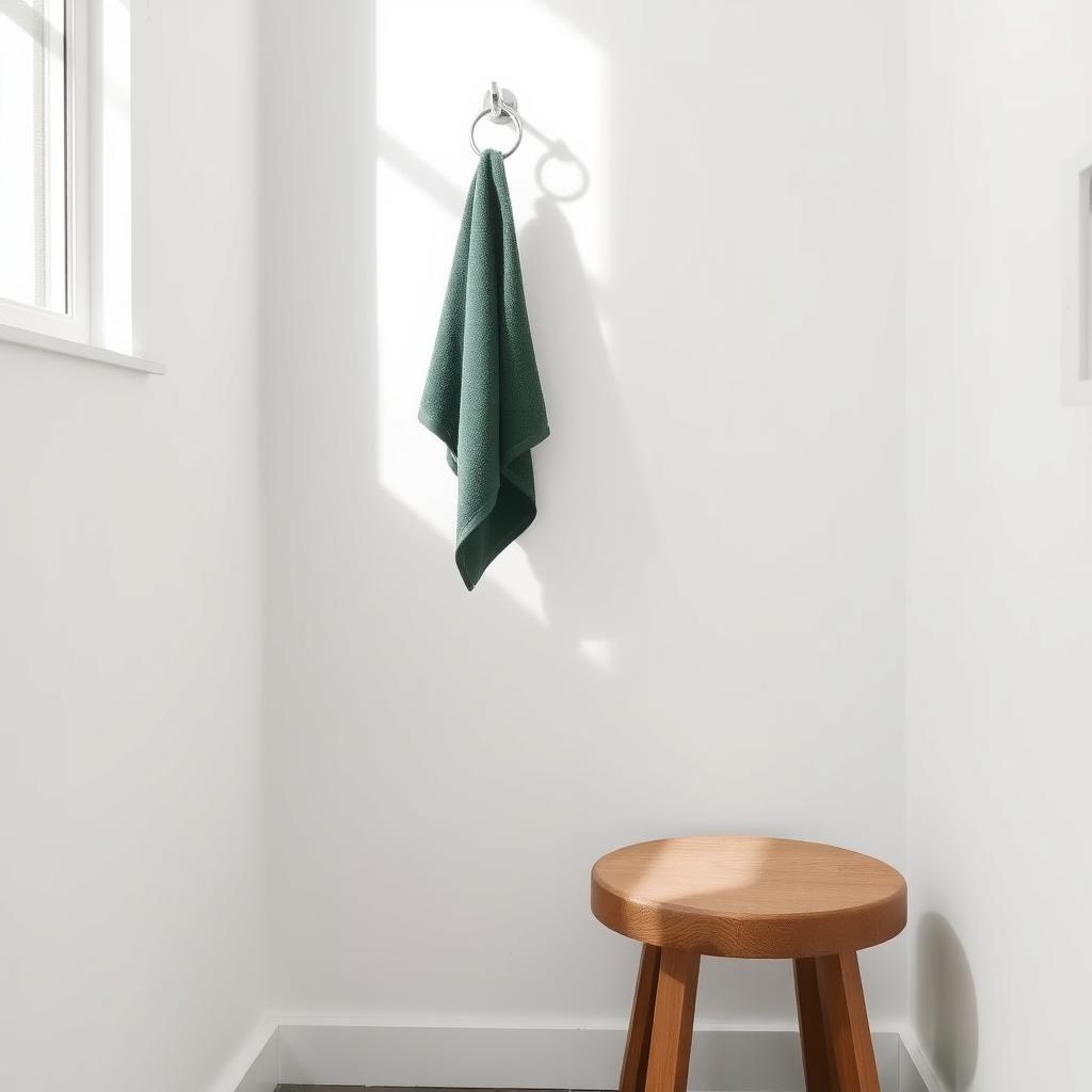 Eine Nahaufnahme einer minimalistischen Badezimmerecke mit weißer Wand, einem dunkelgrünen Handtuch und einem Holzstuhl.