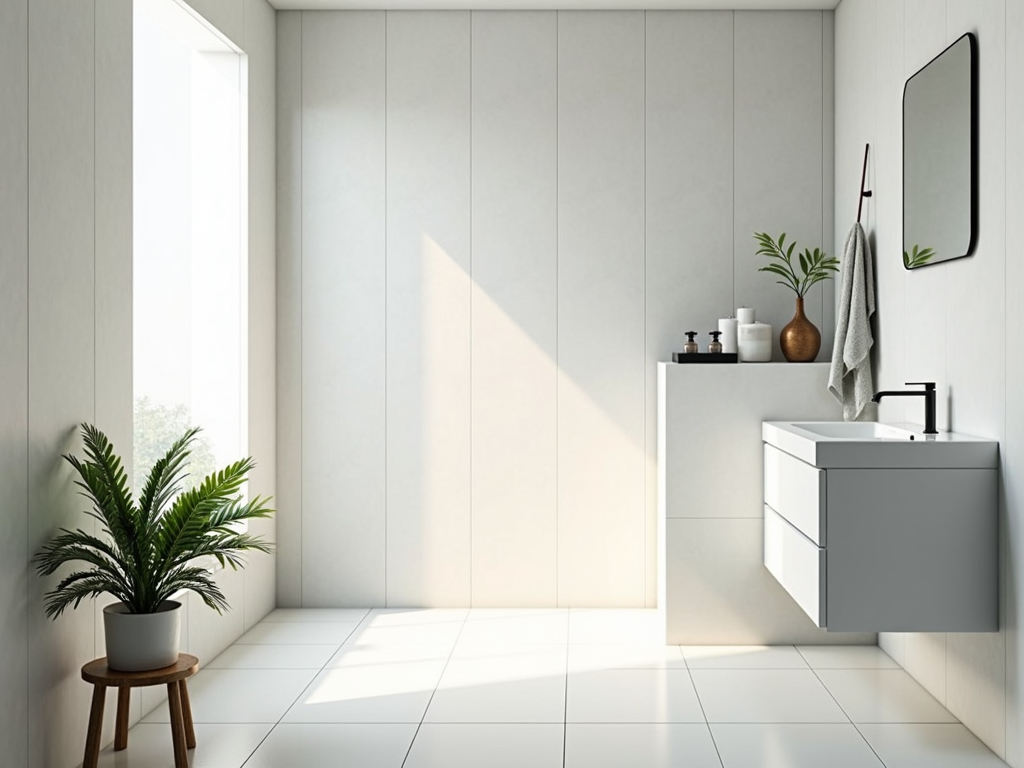 Ein helles minimalistisches Badezimmer mit weißen Fliesen, einem schlichten Waschbecken und einer einzelnen grünen Pflanze auf einem Holzstuhl. Der Raum wirkt offen und ruhig.