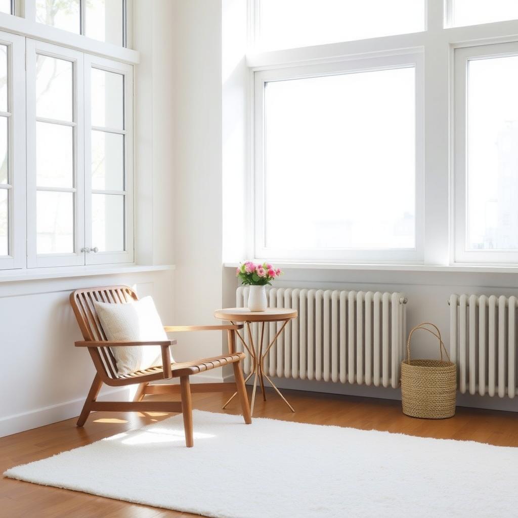 Ein minimalistischer Wohnraum mit einem Holzstuhl, einem kleinen Tisch mit Blumen und einem weißen Teppich, beleuchtet von natürlichem Licht.