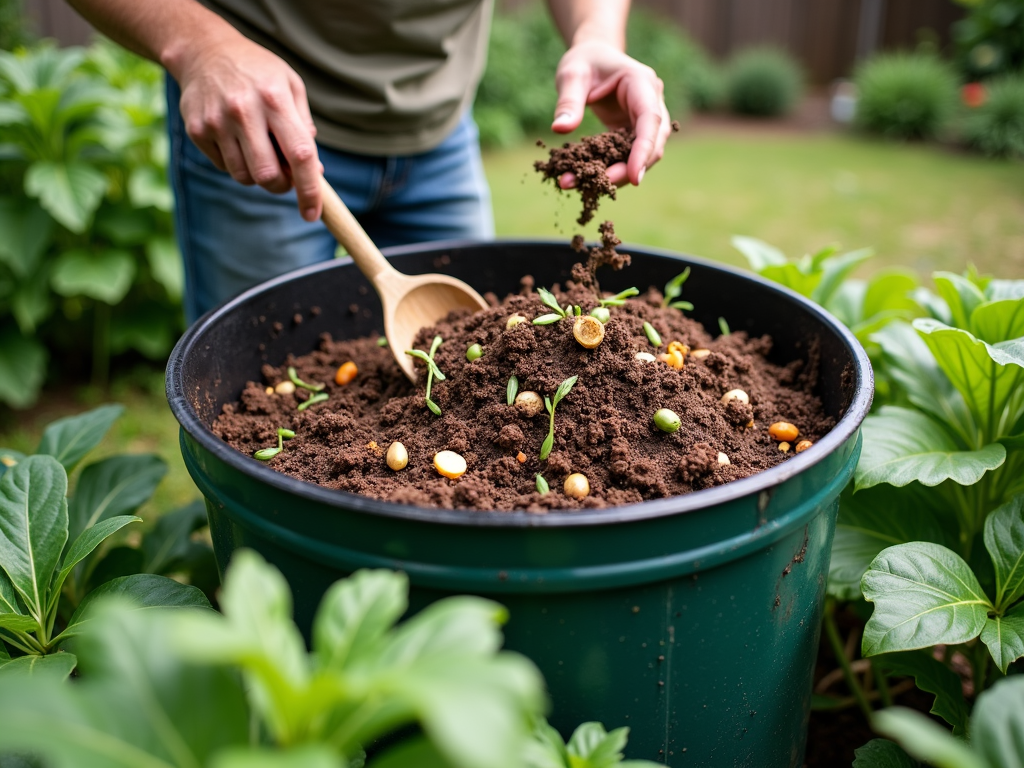 Ein Kompostbehälter in einem Garten, umgeben von Grün.