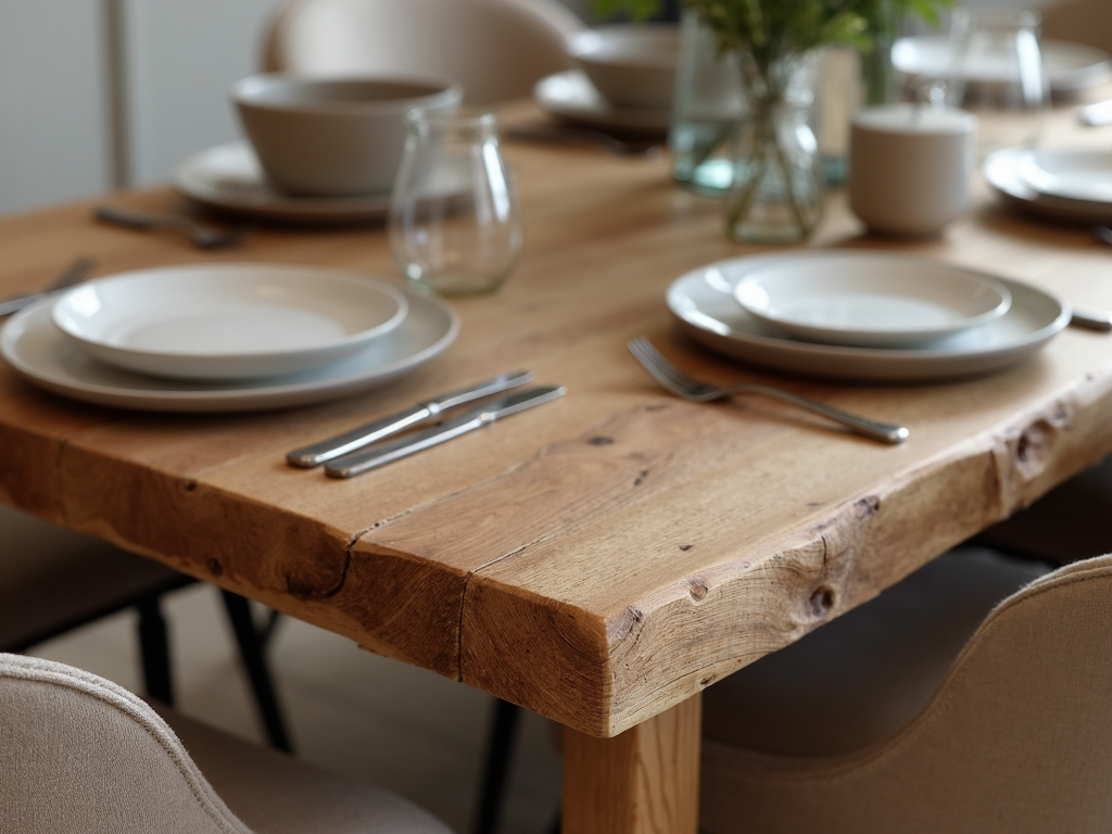 Esstisch aus recyceltem Holz mit Keramikgeschirr