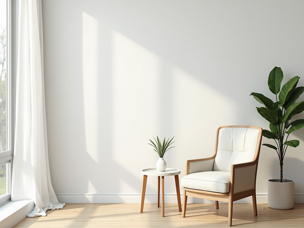 Ein minimalistisches Wohnzimmer mit einem einzelnen Stuhl, einem kleinen Tisch und einer Pflanze, das Einfachheit und Ruhe ausstrahlt.