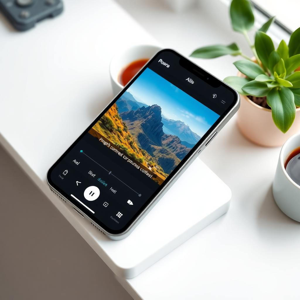 Smartphone auf minimalistischem weißen Schreibtisch zeigt eine Bildbearbeitungs-App mit Landschaftsfoto