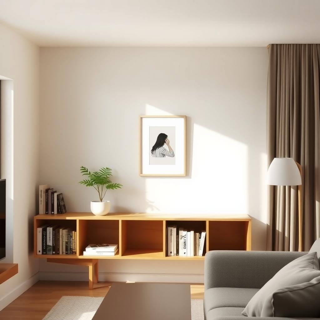 Ein minimalistisches Wohnzimmer mit einem Holzregal, wenigen Büchern, einer kleinen Pflanze und einem gerahmten Bild an der Wand.