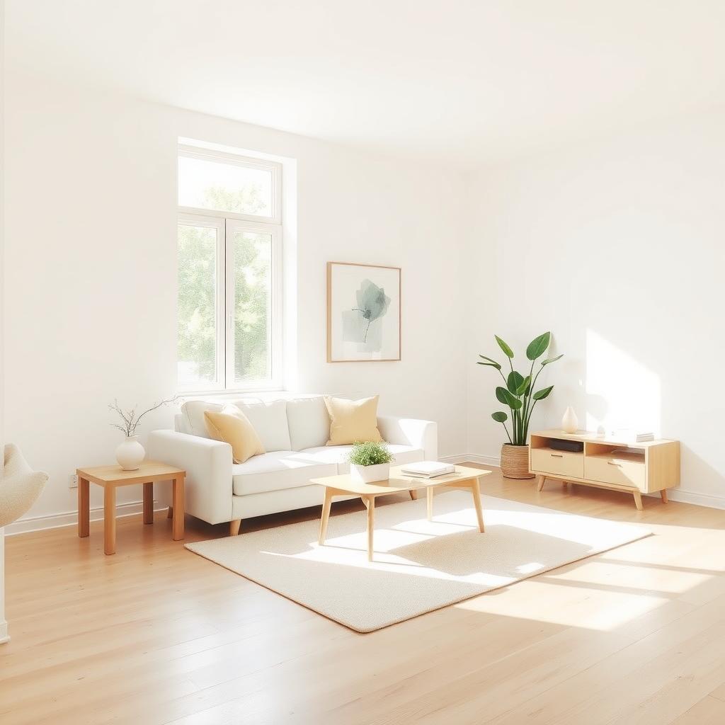 Helles, minimalistisches Wohnzimmer mit weißem Sofa, kleinem Holztisch und großer Fensterfront.