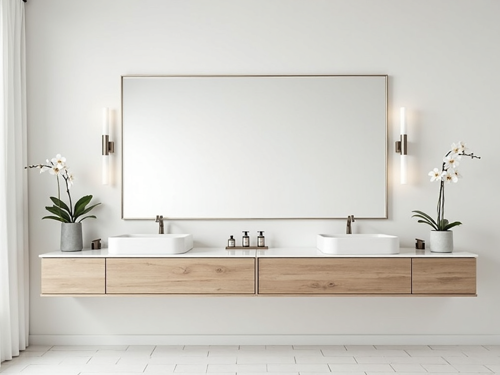 Minimalistisches Badezimmer mit schwebendem Waschtisch und großer Spiegel