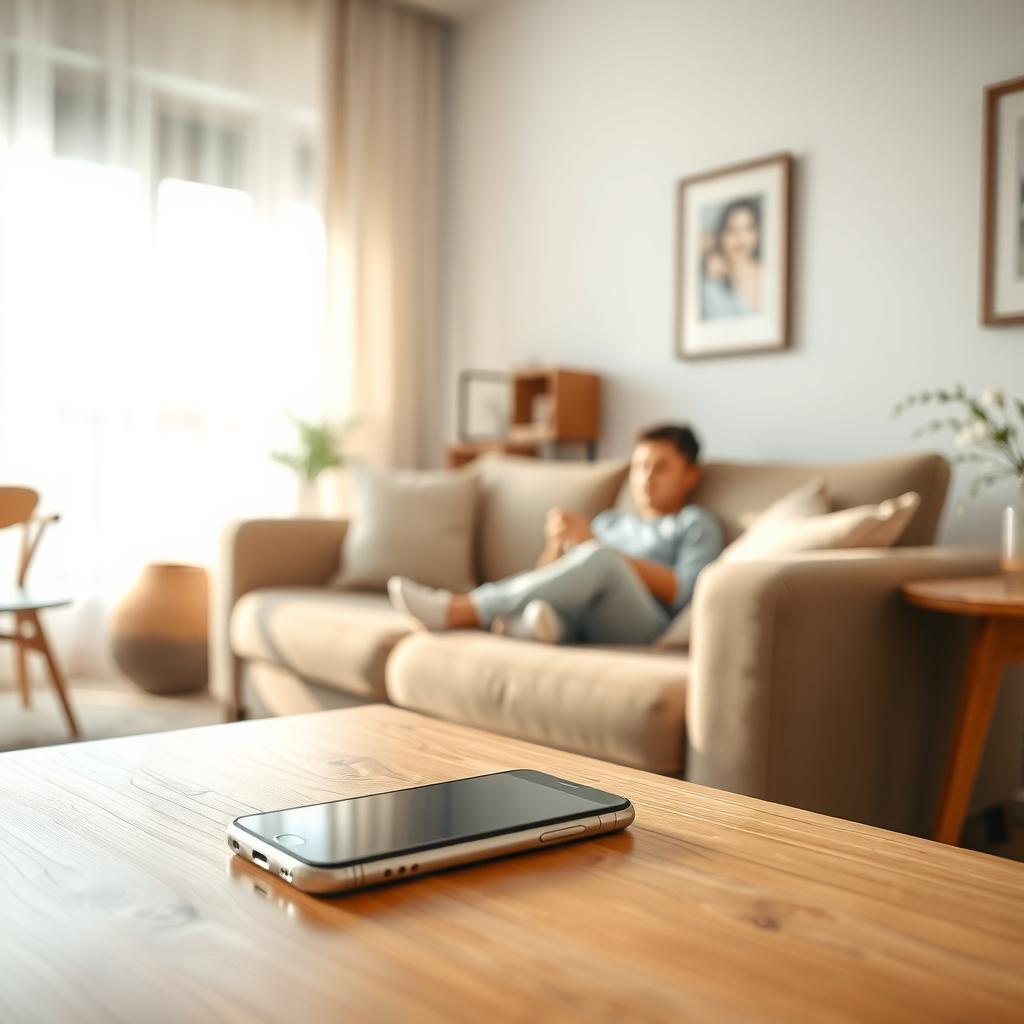Gemütliches Wohnzimmer mit einer Person, die ein Buch liest und ein Smartphone beiseitelegt.