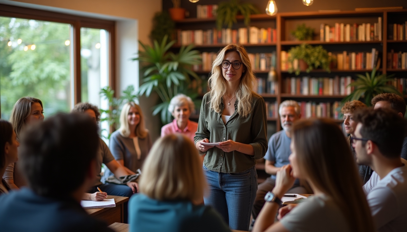 A group of people participating in a minimalist workshop led by Theresa Ulrich, all engaged and interactive.
