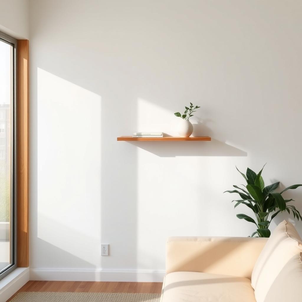 Minimalistisches Wohnzimmer mit einer Holzregal, einer Pflanze, einer Vase und einem Buch, beleuchtet von natürlichem Licht.