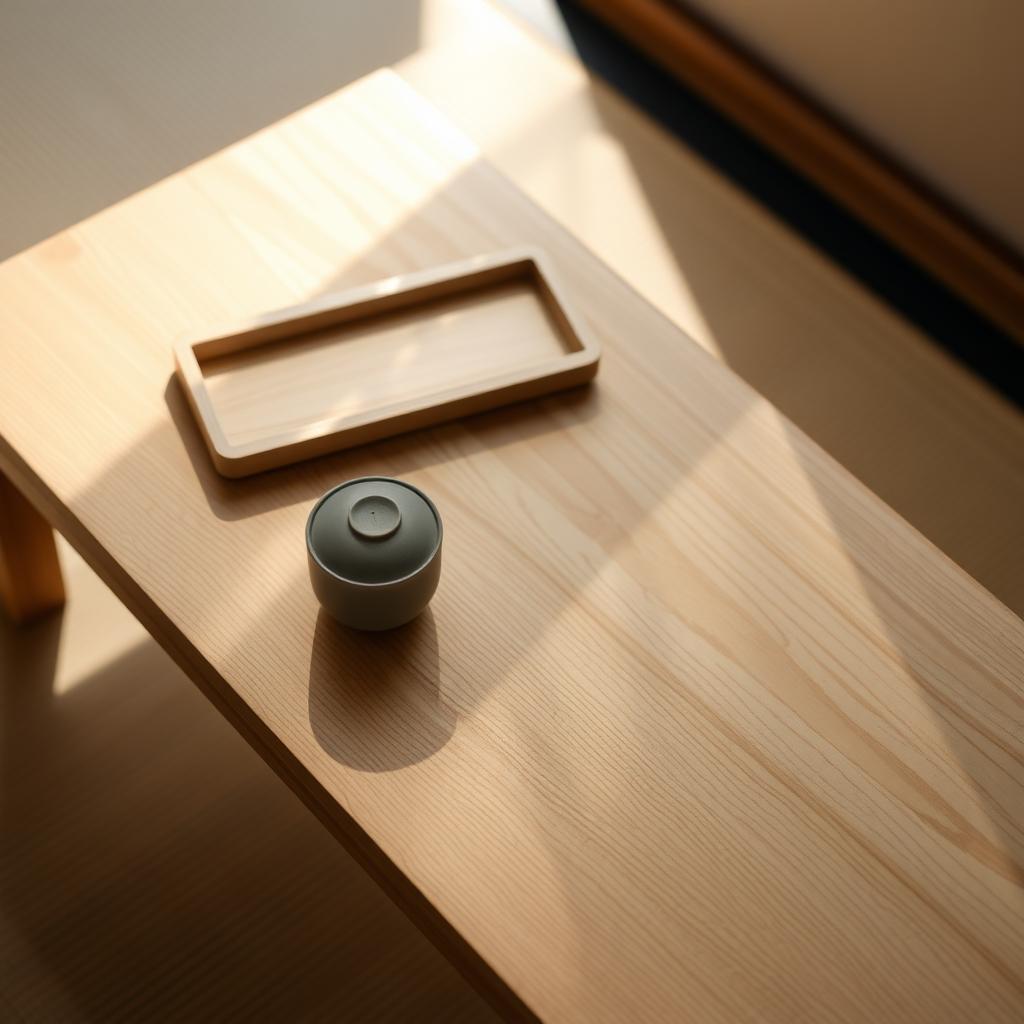 Nahaufnahme eines minimalistischen japanischen Holztisches mit einer Keramiktasse und einem kleinen Bambustablett auf einer Tatami-Matte, beleuchtet von weichem Sonnenlicht.