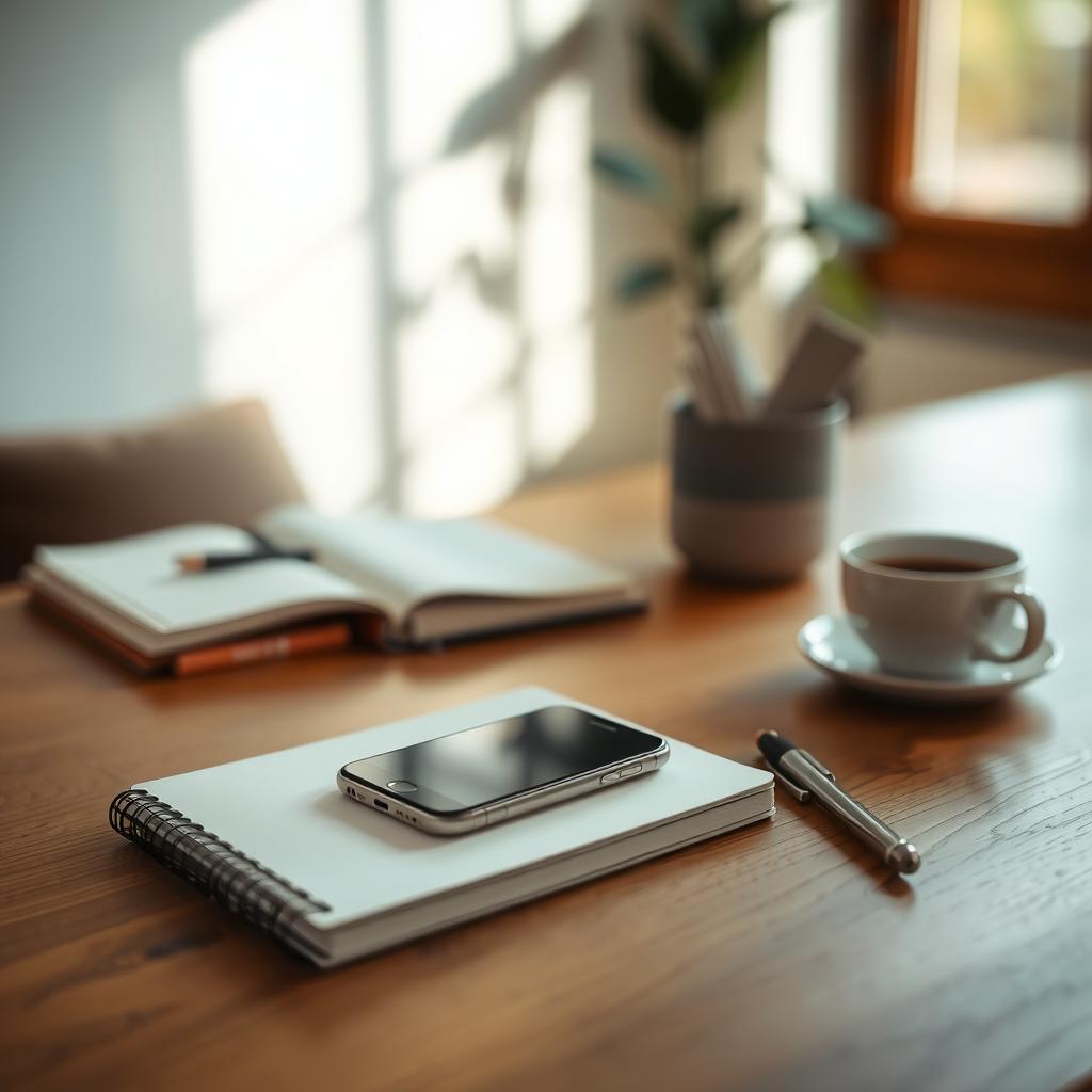 Ein minimalistischer Arbeitsplatz mit einem Smartphone, einem Notizbuch, einem Stift und einer Tasse Kaffee auf einem Holztisch, beleuchtet von natürlichem Licht.