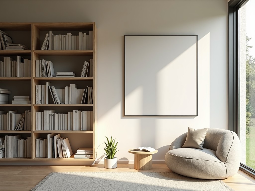 A cozy reading nook with minimalist decor, featuring a single bookshelf and a comfortable chair.