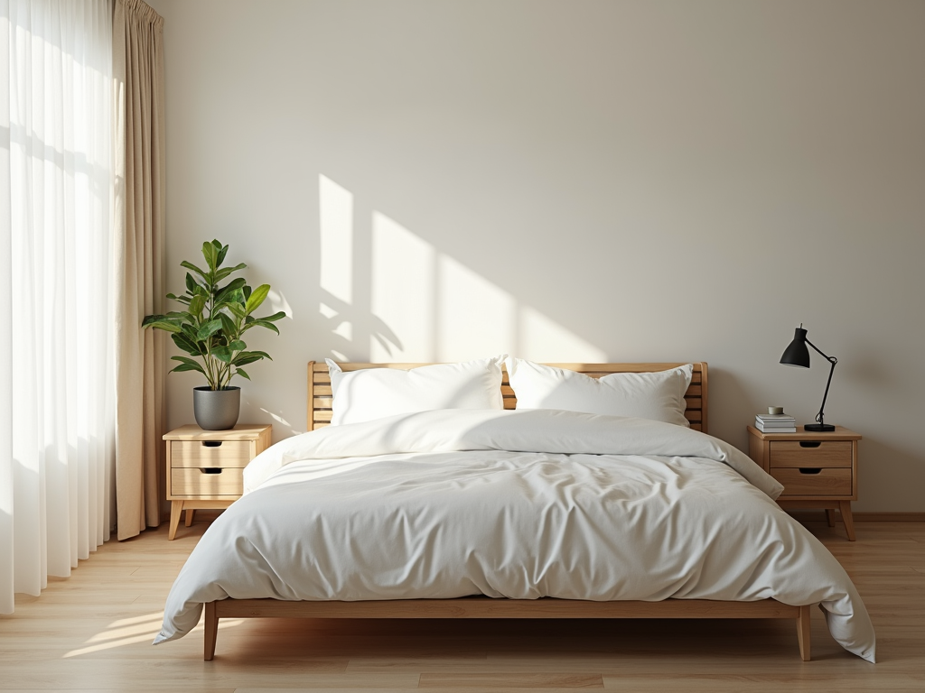 Ein minimalistisches Schlafzimmer mit natürlichem Licht und einer Zimmerpflanze.