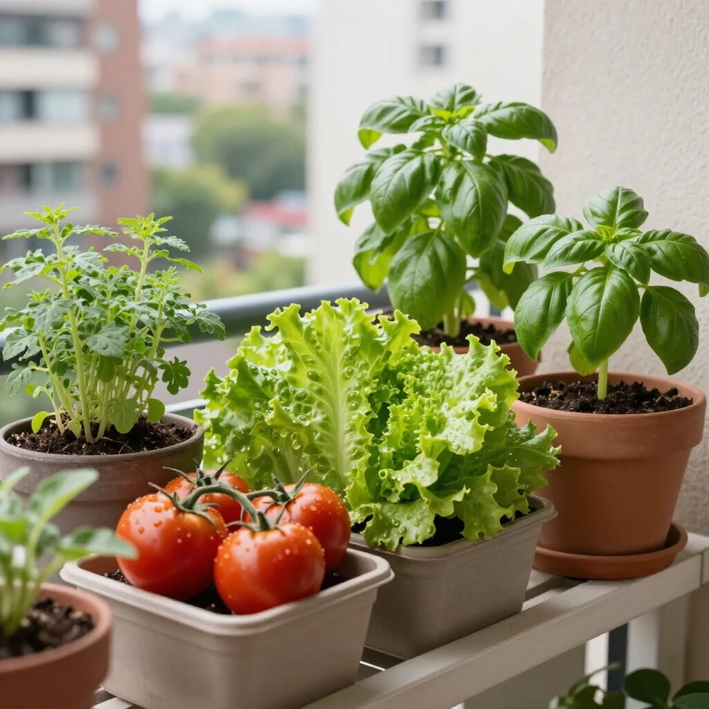 Balkongarten mit Gemüse und Kräutern in Töpfen – nachhaltiger Eigenanbau in der Stadt