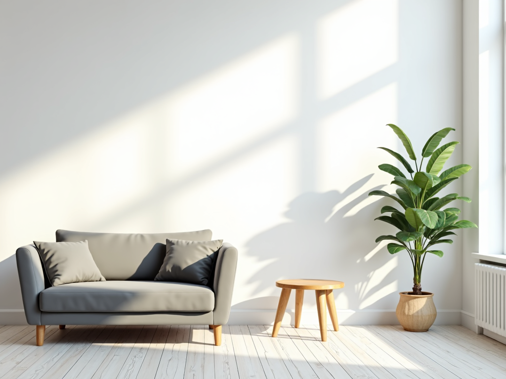 Helles Wohnzimmer mit minimaler Einrichtung und viel Licht.