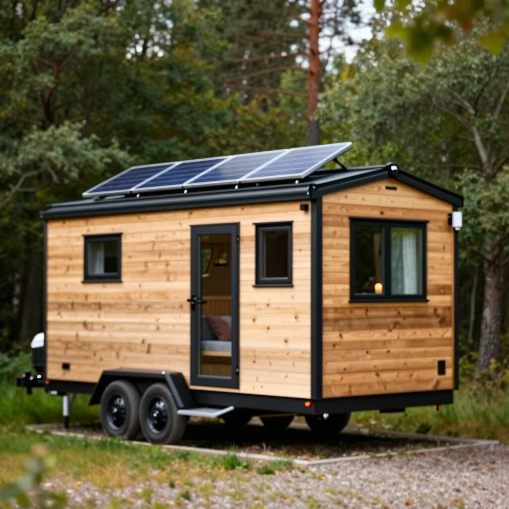 Modernes Tiny House auf Rädern in einem Wald, mit Solarpaneelen und großen Fenstern