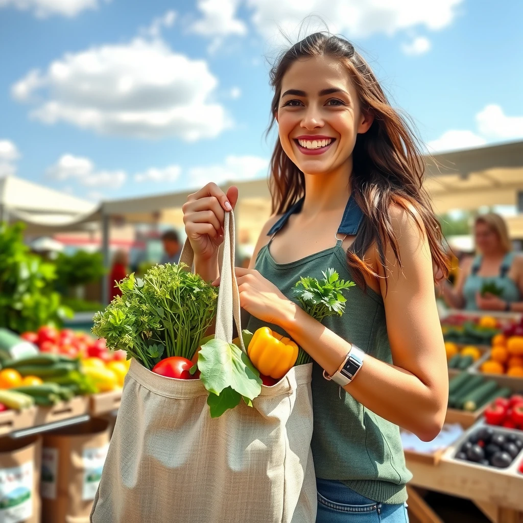 Eine Person beim Einkaufen auf einem Wochenmarkt mit wiederverwendbarer Tasche und frischem Obst und Gemüse