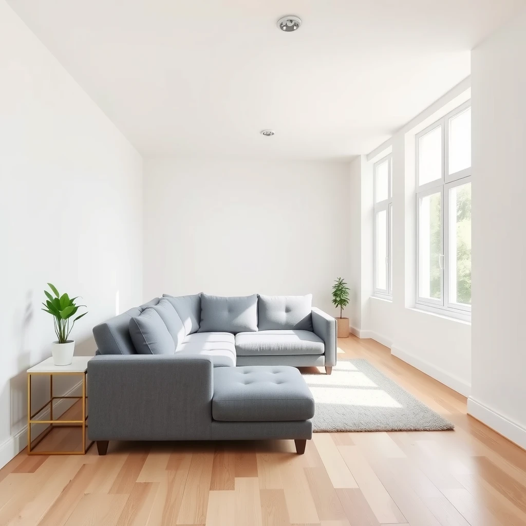 Helles, minimalistisches Wohnzimmer mit viel Platz und natürlichem Licht