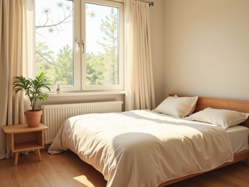 Ein gemütliches, minimalistisches Schlafzimmer mit einem ordentlich gemachten Bett, einer einzelnen Pflanze auf einem Holznachtisch und warmem Sonnenlicht, das durch ein Fenster fällt.
