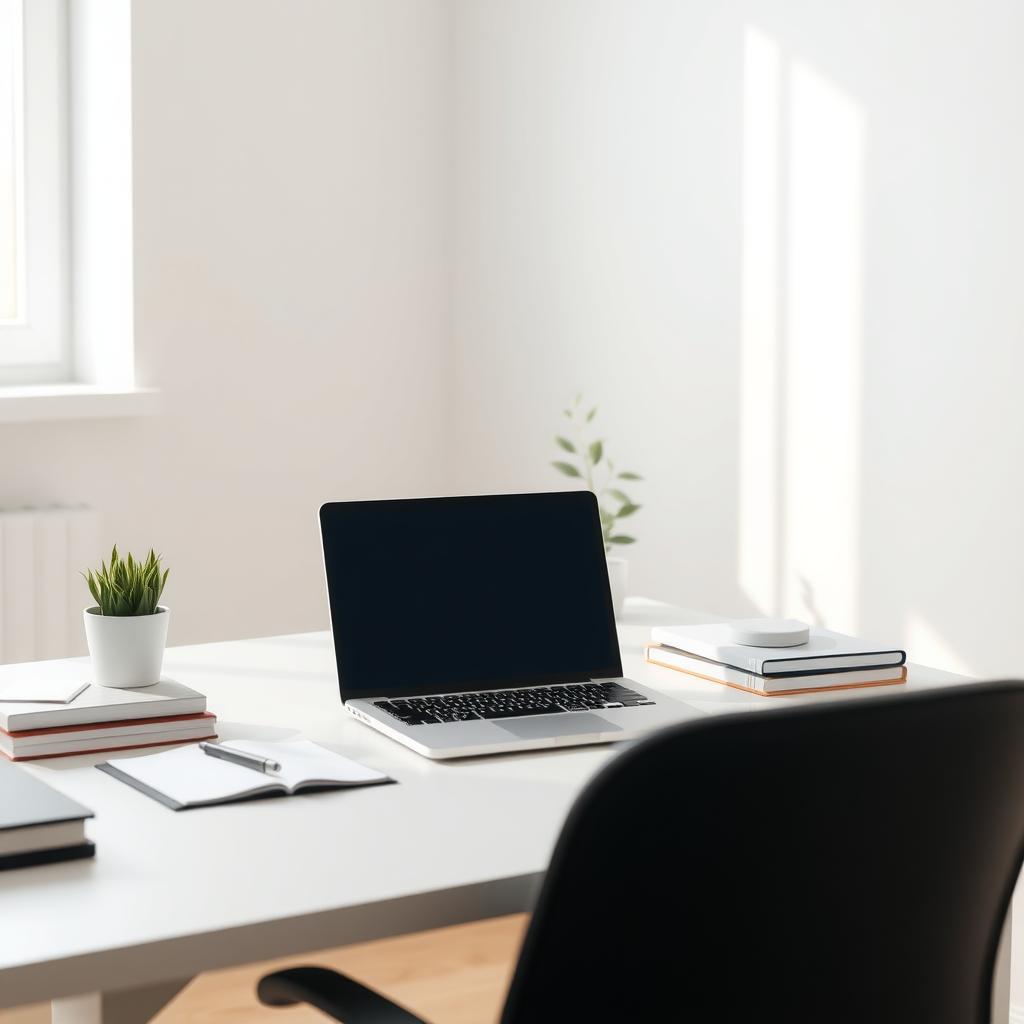 Minimalistischer Arbeitsplatz mit Laptop, Büchern und einer Pflanze in einem hellen Raum.