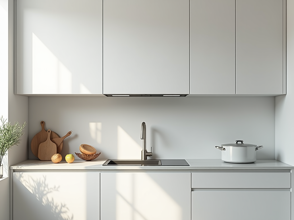Minimalistische Küche mit modernen Geräten und aufgeräumter Arbeitsfläche