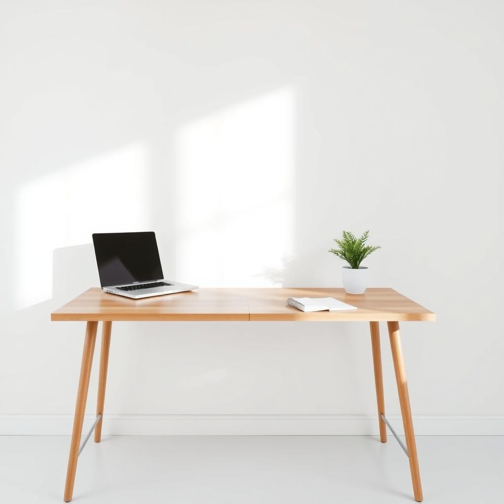 Ein ruhiger, minimalistischer Arbeitsplatz mit einem sauberen Holztisch, einem Laptop, einem Notizbuch und einer kleinen Topfpflanze vor einer schlichten Wand.