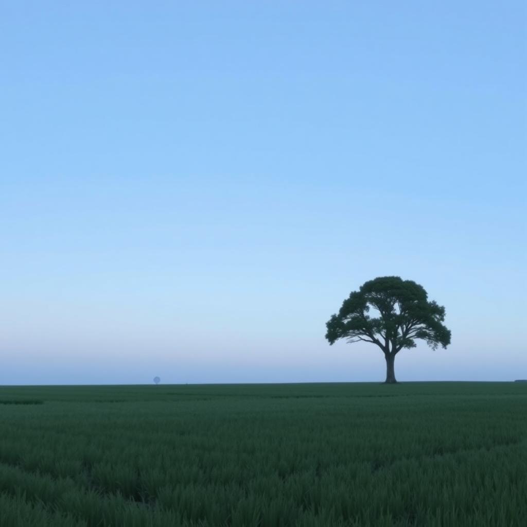 Minimalistische Landschaft mit einer Baumsilhouette vor einem blassen Himmel