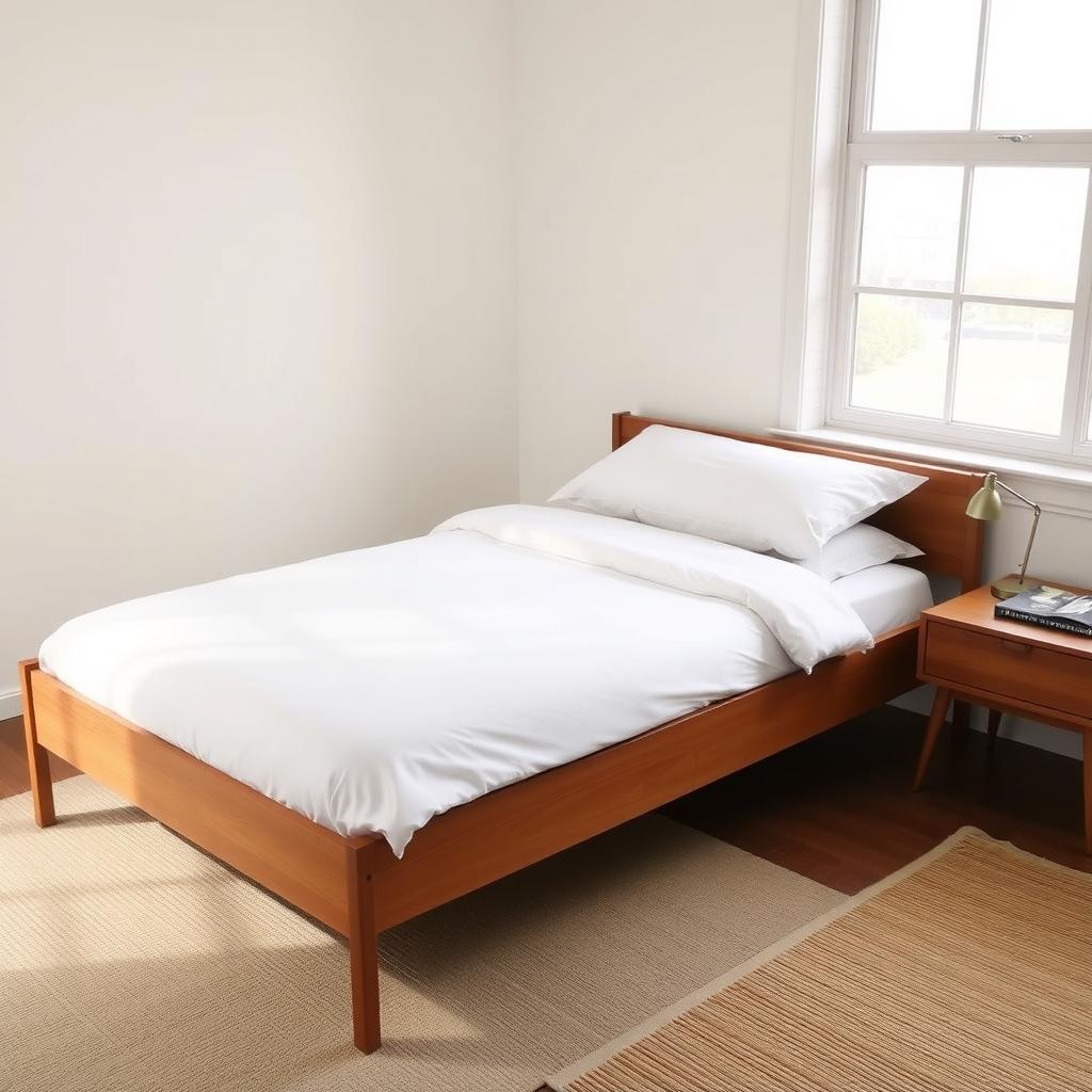 Ein minimalistisches Schlafzimmer mit einem schlichten Holzbett, weißer Bettwäsche, einem Nachttisch mit Lampe und einem Buch, beleuchtet von natürlichem Licht.