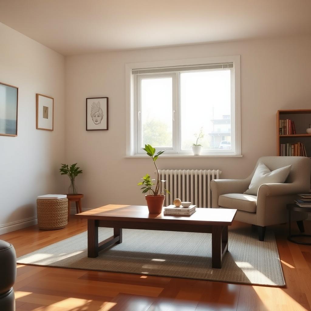Ein minimalistischer Wohnraum mit einem einfachen Holztisch, einer Pflanze und einem gemütlichen Sessel, beleuchtet von warmem Tageslicht.