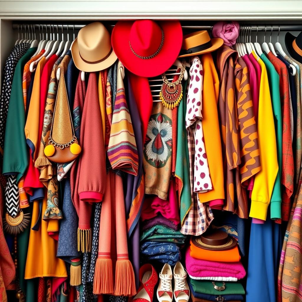 Ein lebendiger Kleiderschrank mit farbenfroher Kleidung, auffälligen Mustern, texturierten Stoffen und einzigartigen Accessoires wie Statement-Halsketten und Hüten, ordentlich arrangiert.