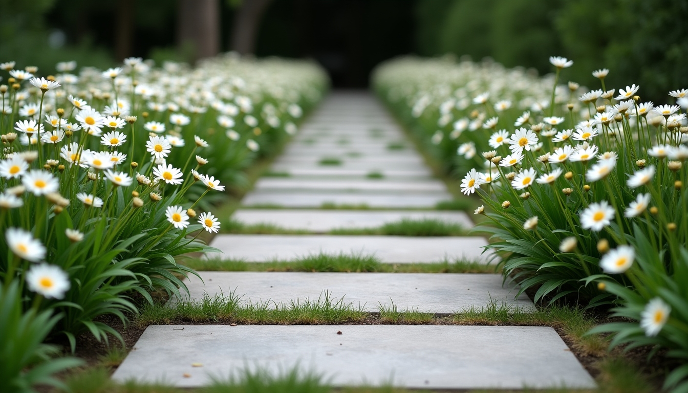 Steinwege, von natürlichen Margeriten gesäumt, in einem minimalistischen Garten.