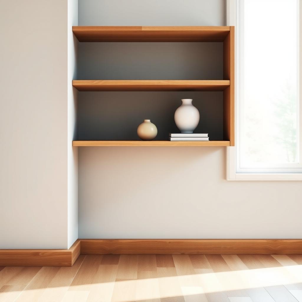 Ein minimalistischer Wohnzimmer-Eckbereich mit einem Holzregal, einer Keramikvase, wenigen Büchern und einer grauen Wand.