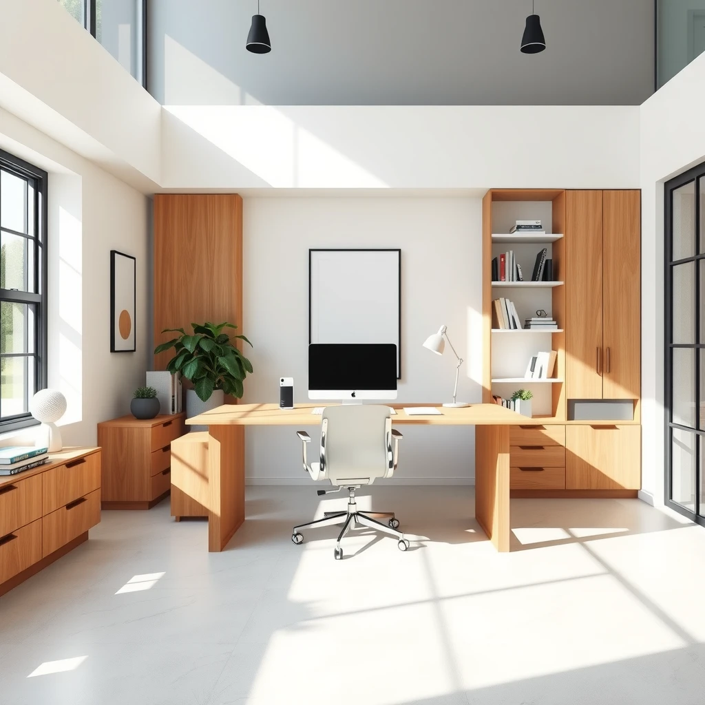 Modernes minimalistisches Home-Office mit holzernem Schreibtisch und ergonomischem Stuhl in hellem Raum